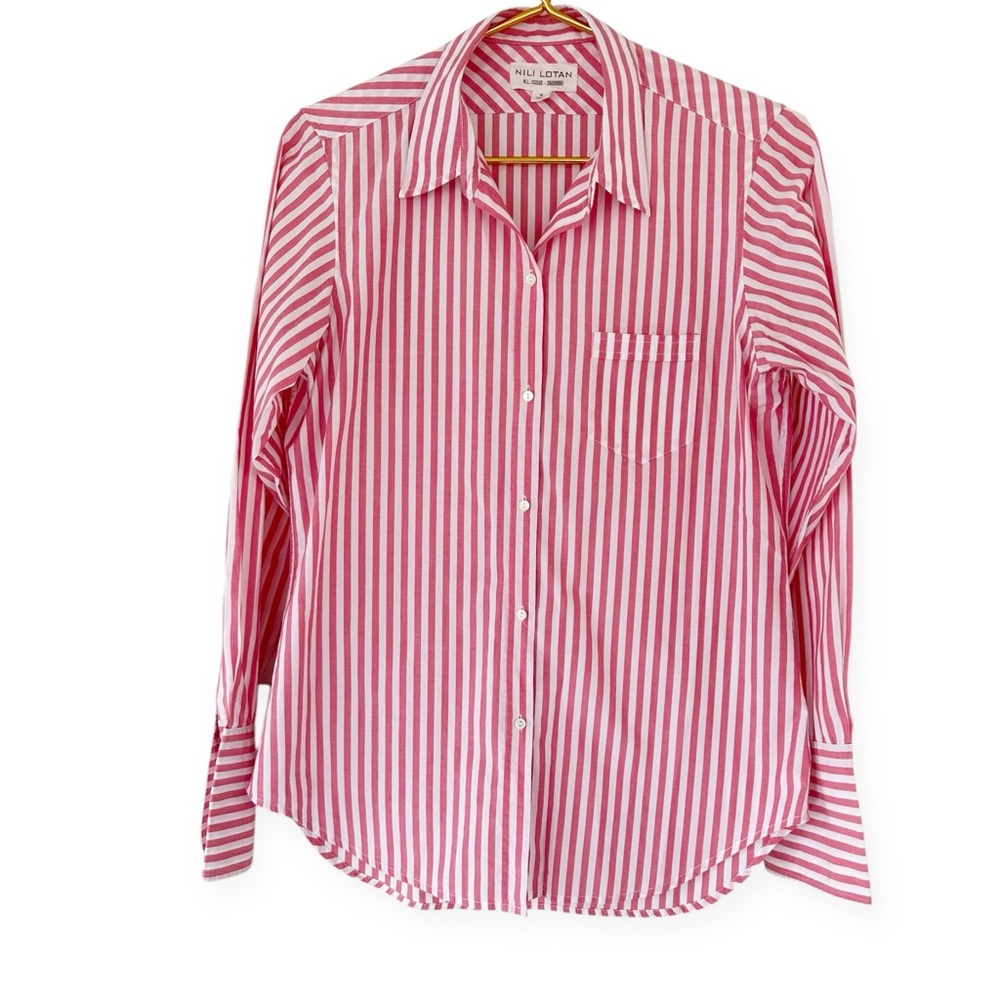 Nili Lotan Pink and White Striped Button-Down Shirt